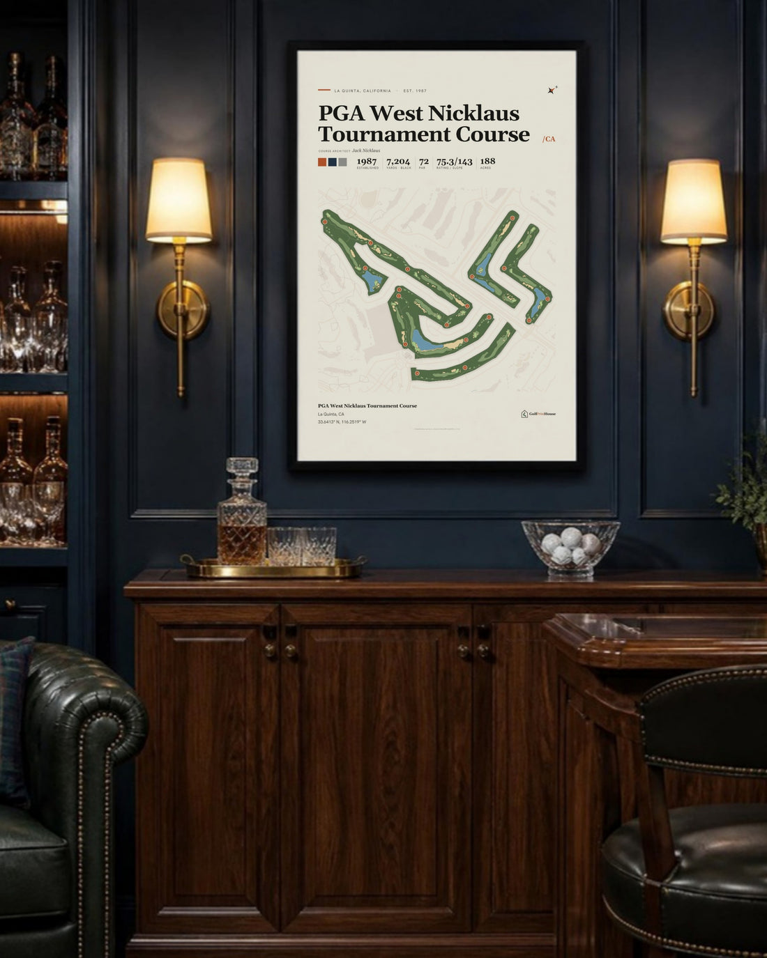 PGA West Nicklaus Tournament Course golf course print, above a home bar