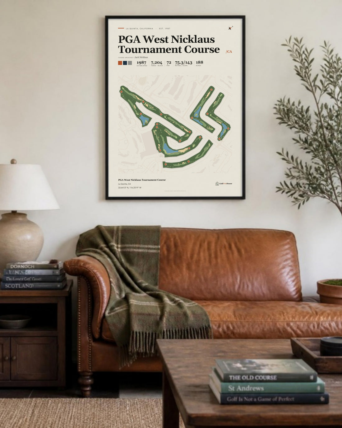 PGA West Nicklaus Tournament Course golf course print, above a living room sofa