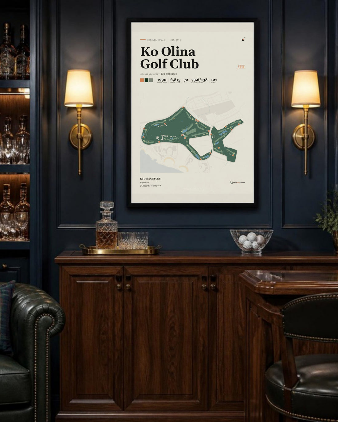 Ko Olina Golf Club golf course print, above a home bar