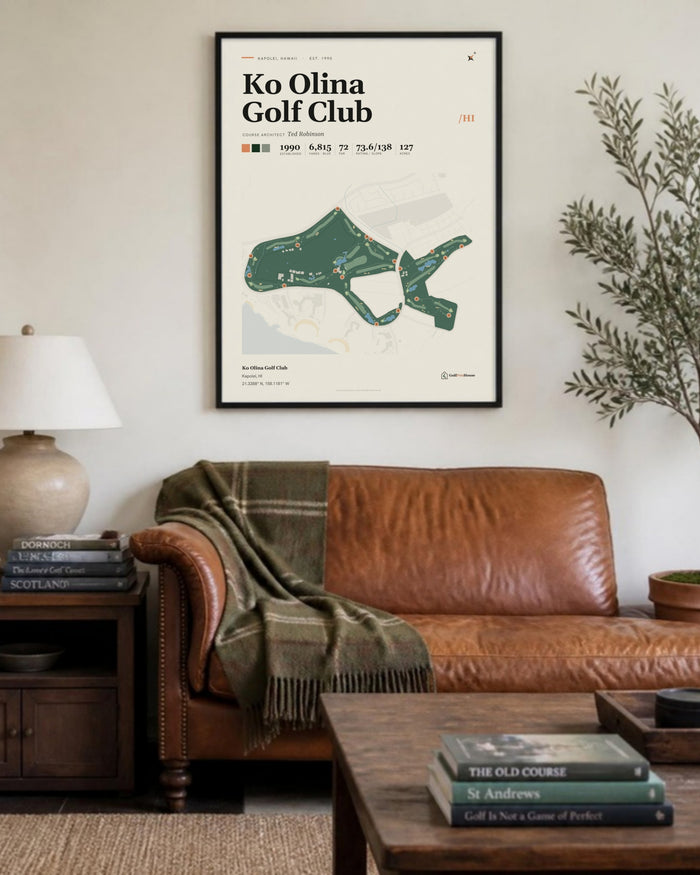 Ko Olina Golf Club golf course print, above a living room sofa