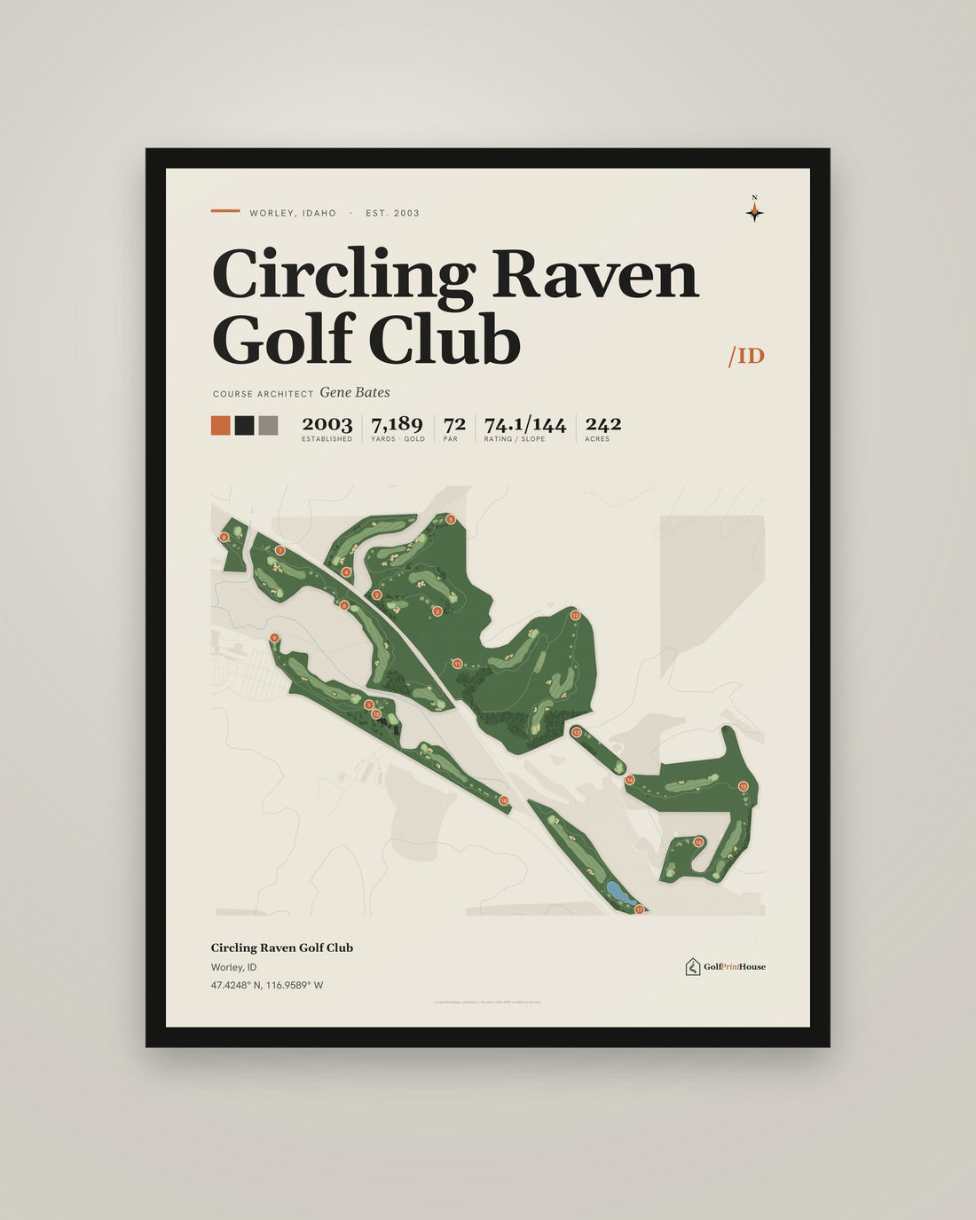 Circling Raven Golf Club golf course print, framed, on a plain wall