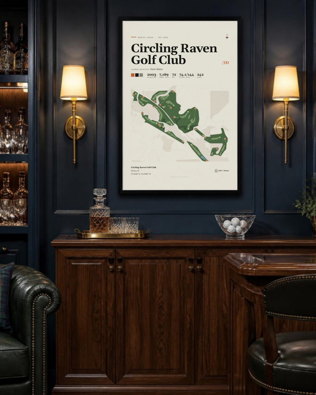 Circling Raven Golf Club golf course print, above a home bar