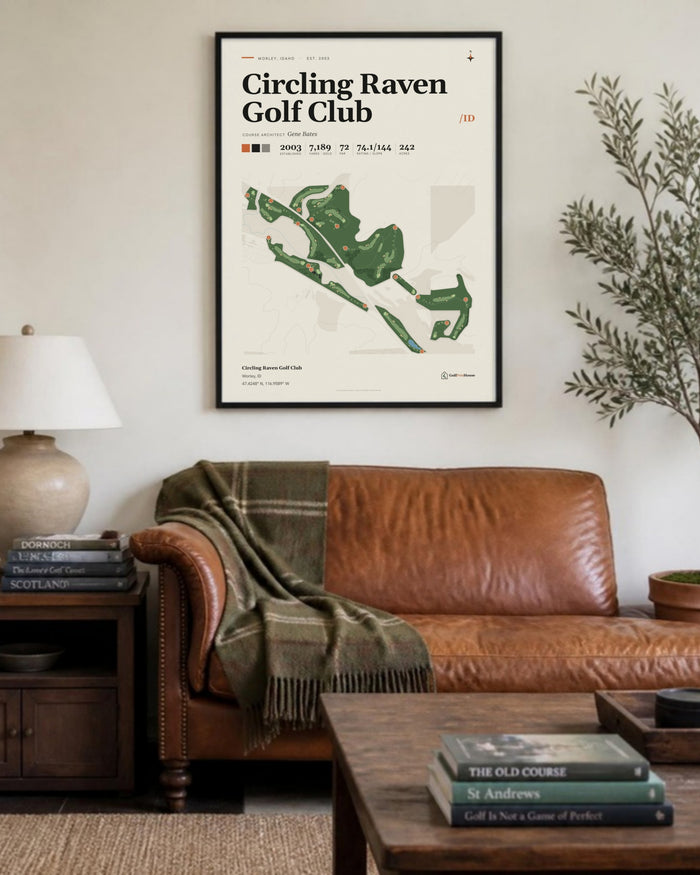 Circling Raven Golf Club golf course print, above a living room sofa