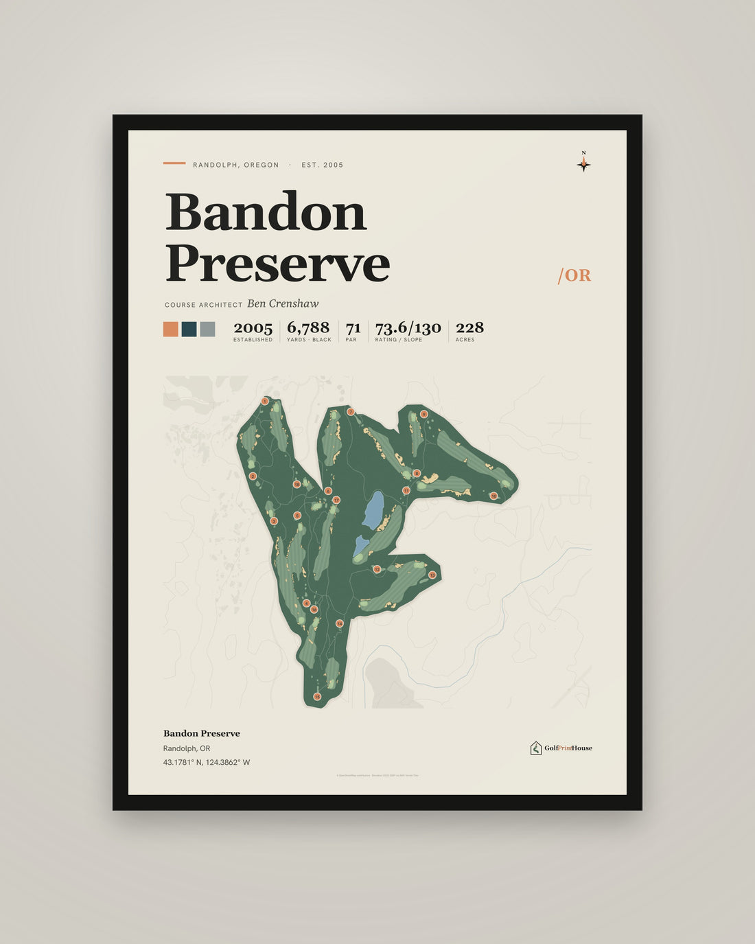 Bandon Preserve golf course print, framed, on a plain wall