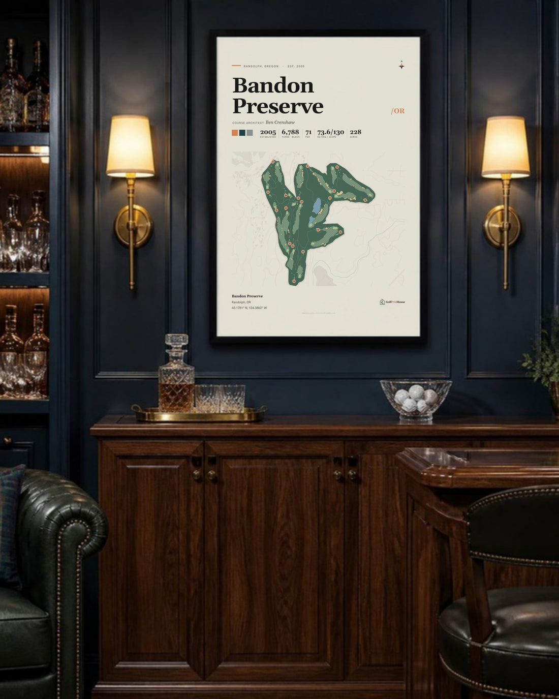 Bandon Preserve golf course print, above a home bar