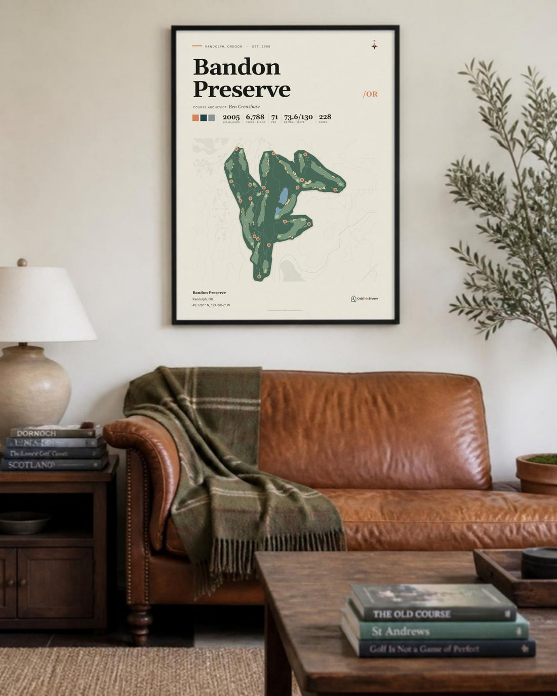 Bandon Preserve golf course print, above a living room sofa