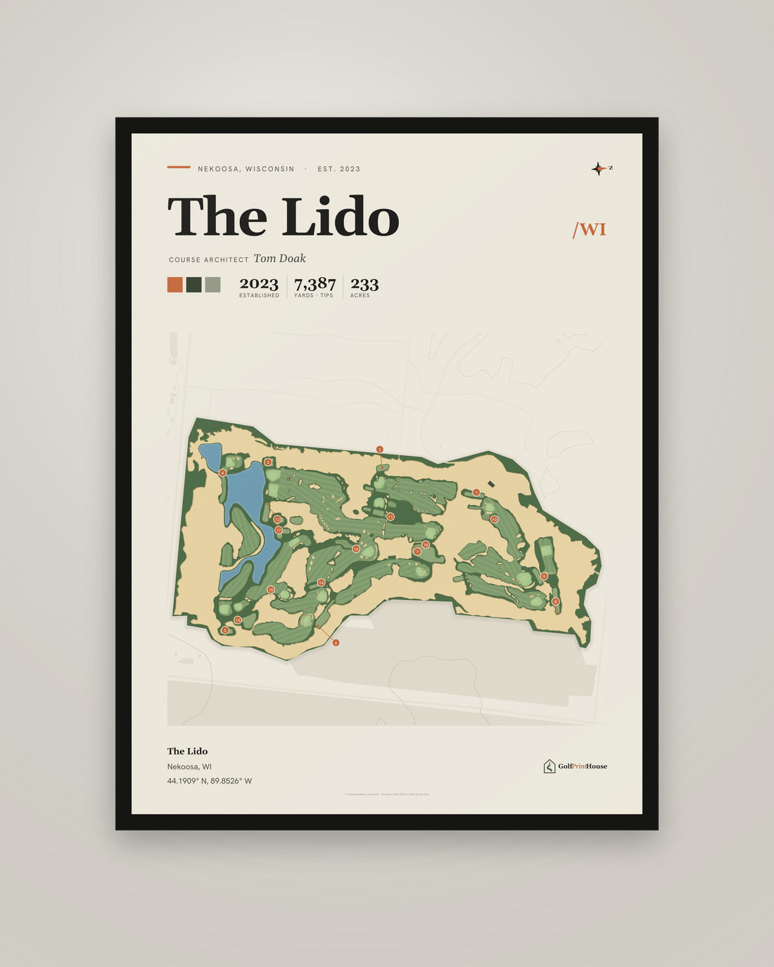 The Lido golf course print, framed, on a plain wall