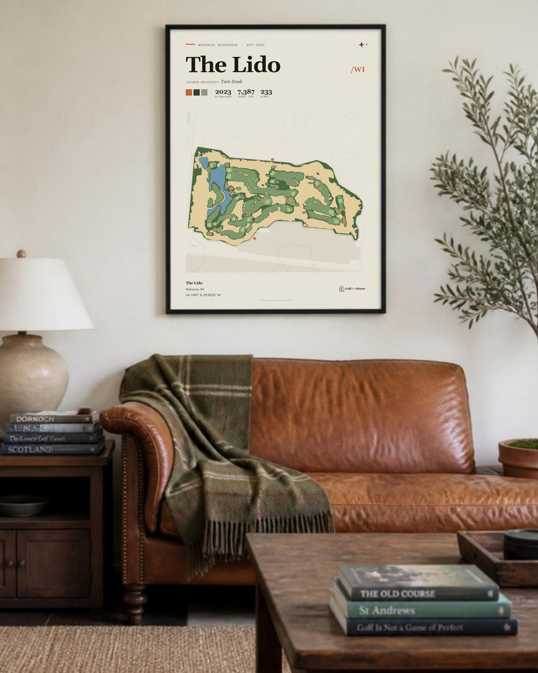 The Lido golf course print, above a living room sofa