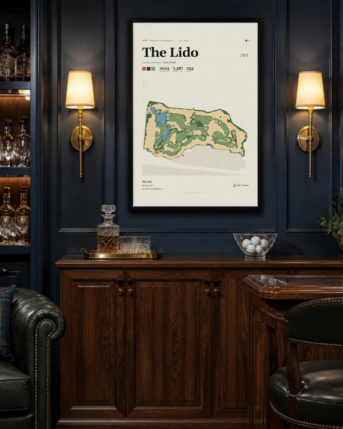 The Lido golf course print, above a home bar