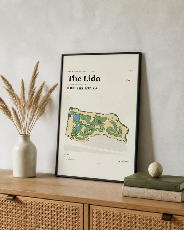 The Lido golf course print, leaning on a shelf