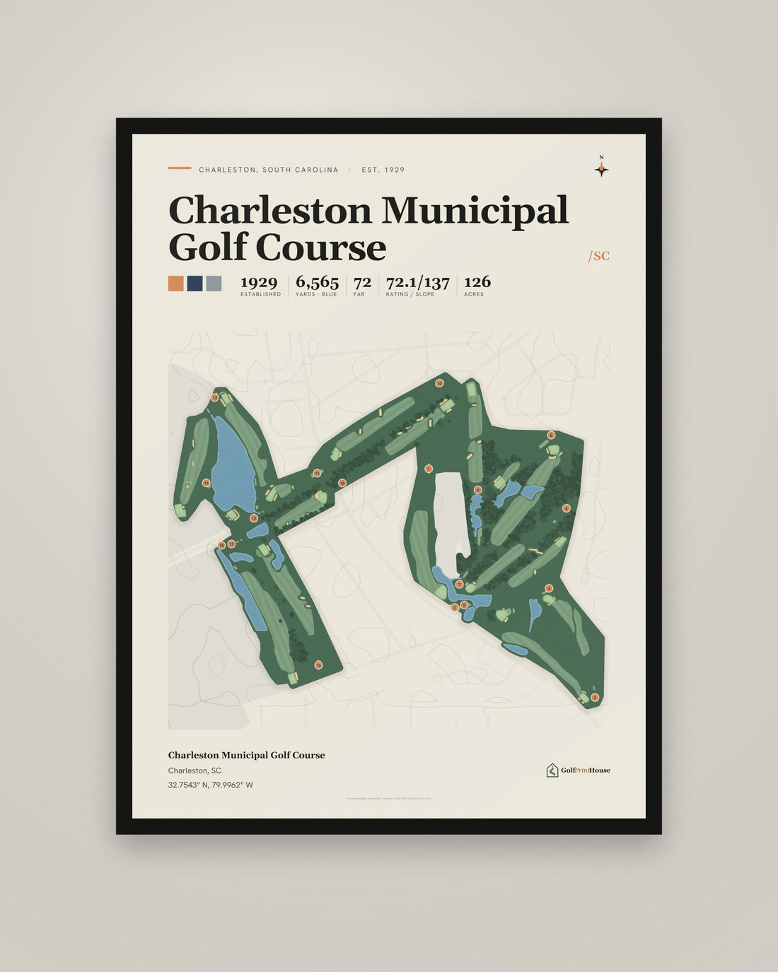 Charleston Municipal Golf Course golf course print, framed, on a plain wall