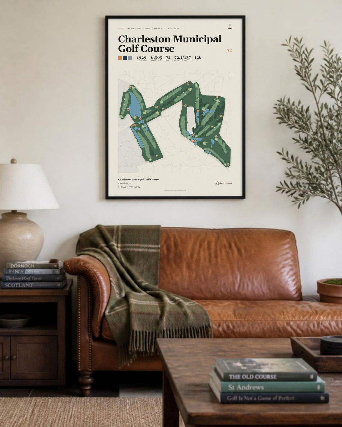 Charleston Municipal Golf Course golf course print, above a living room sofa