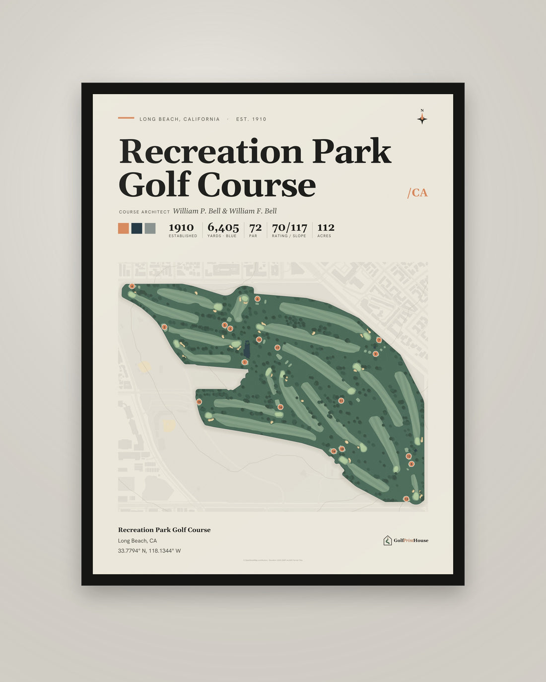 Recreation Park Golf Course golf course print, framed, on a plain wall