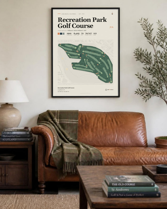 Recreation Park Golf Course golf course print, above a living room sofa