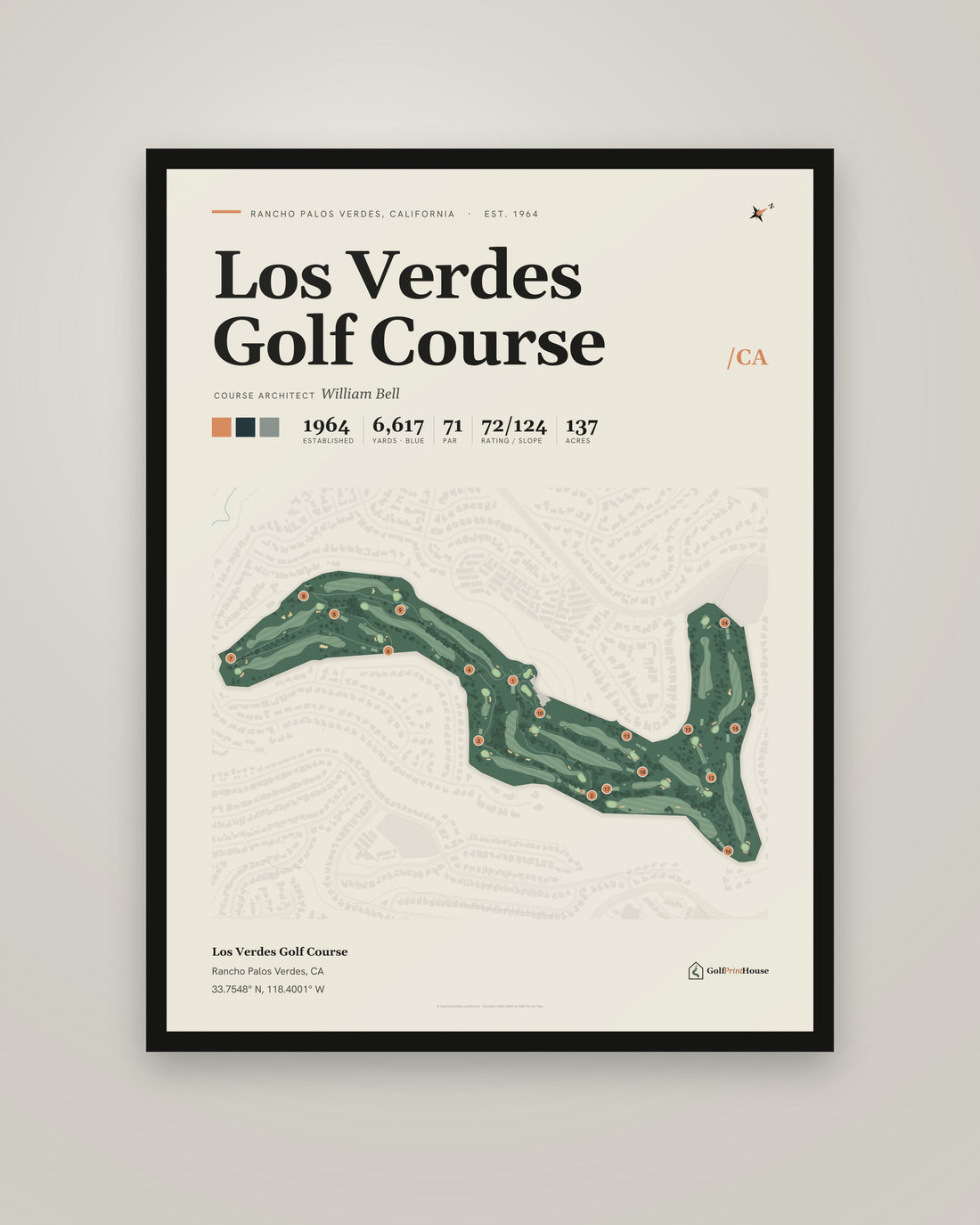 Los Verdes Golf Course golf course print, framed, on a plain wall