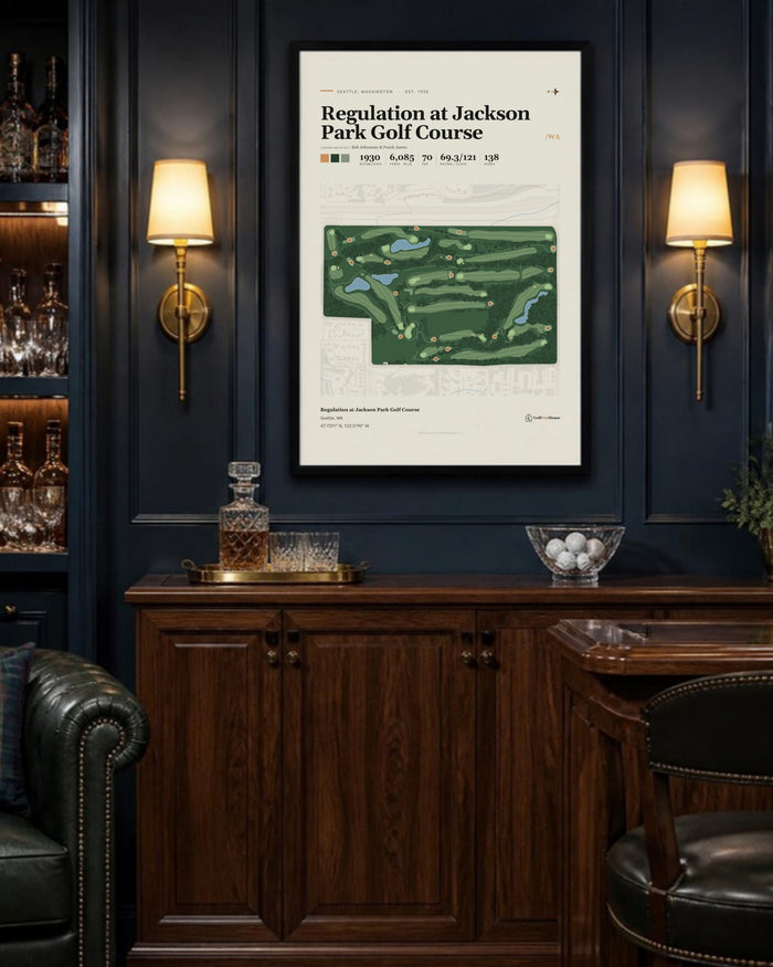 Regulation at Jackson Park Golf Course golf course print, above a home bar