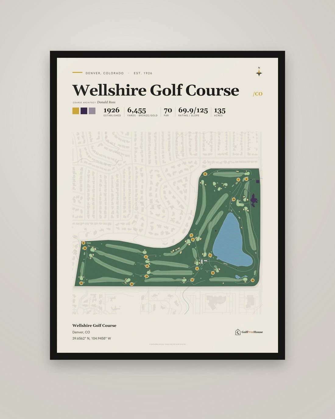 Wellshire Golf Course golf course print, framed, on a plain wall