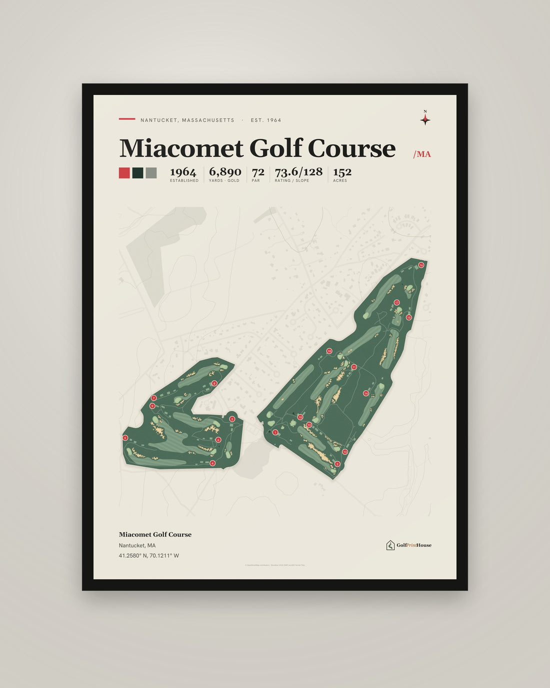 Miacomet Golf Course golf course print, framed, on a plain wall