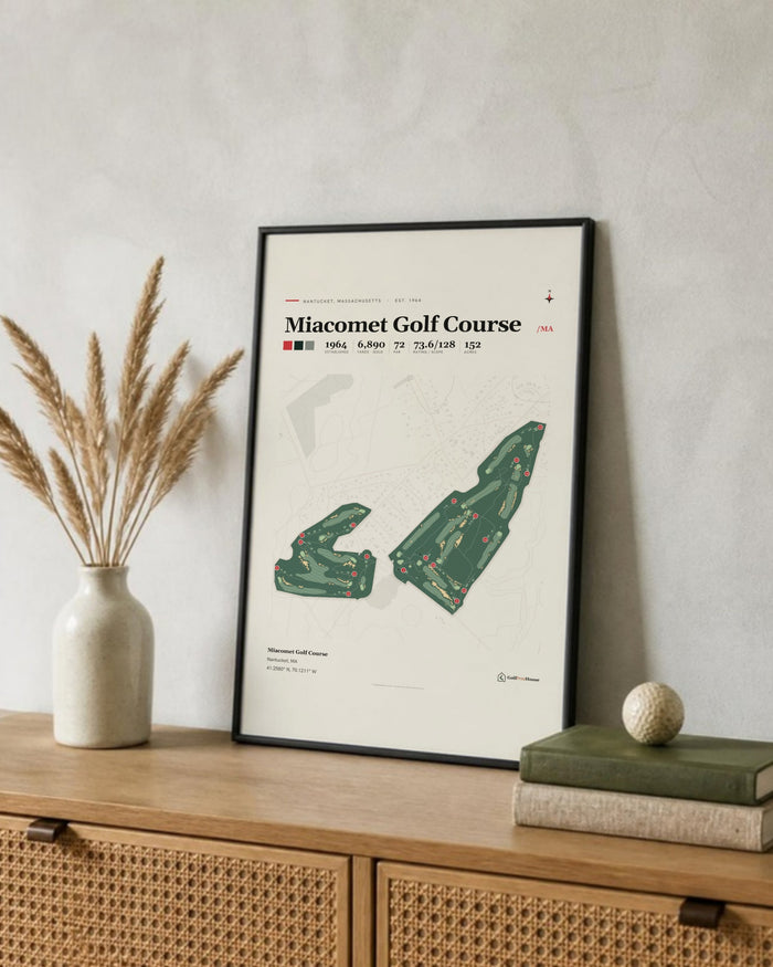 Miacomet Golf Course golf course print, leaning on a shelf