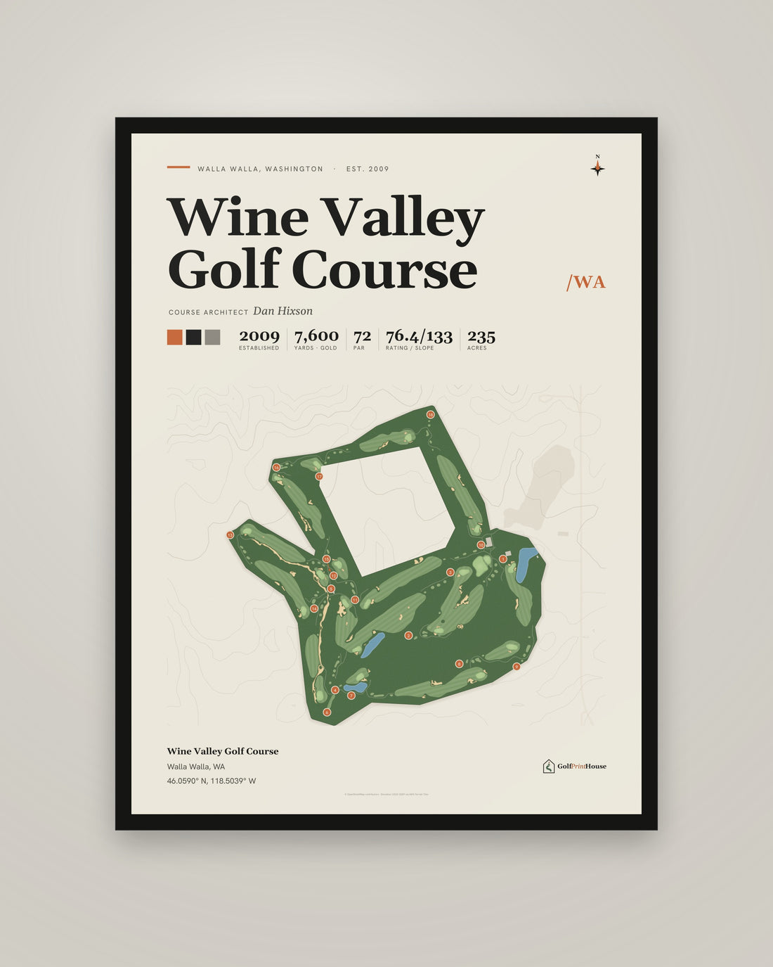 Wine Valley Golf Course golf course print, framed, on a plain wall