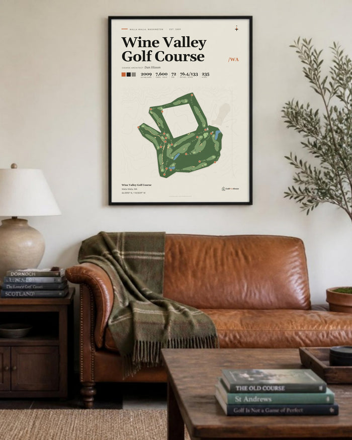 Wine Valley Golf Course golf course print, above a living room sofa