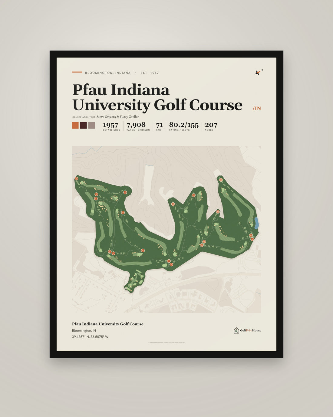 Pfau Indiana University Golf Course golf course print, framed, on a plain wall