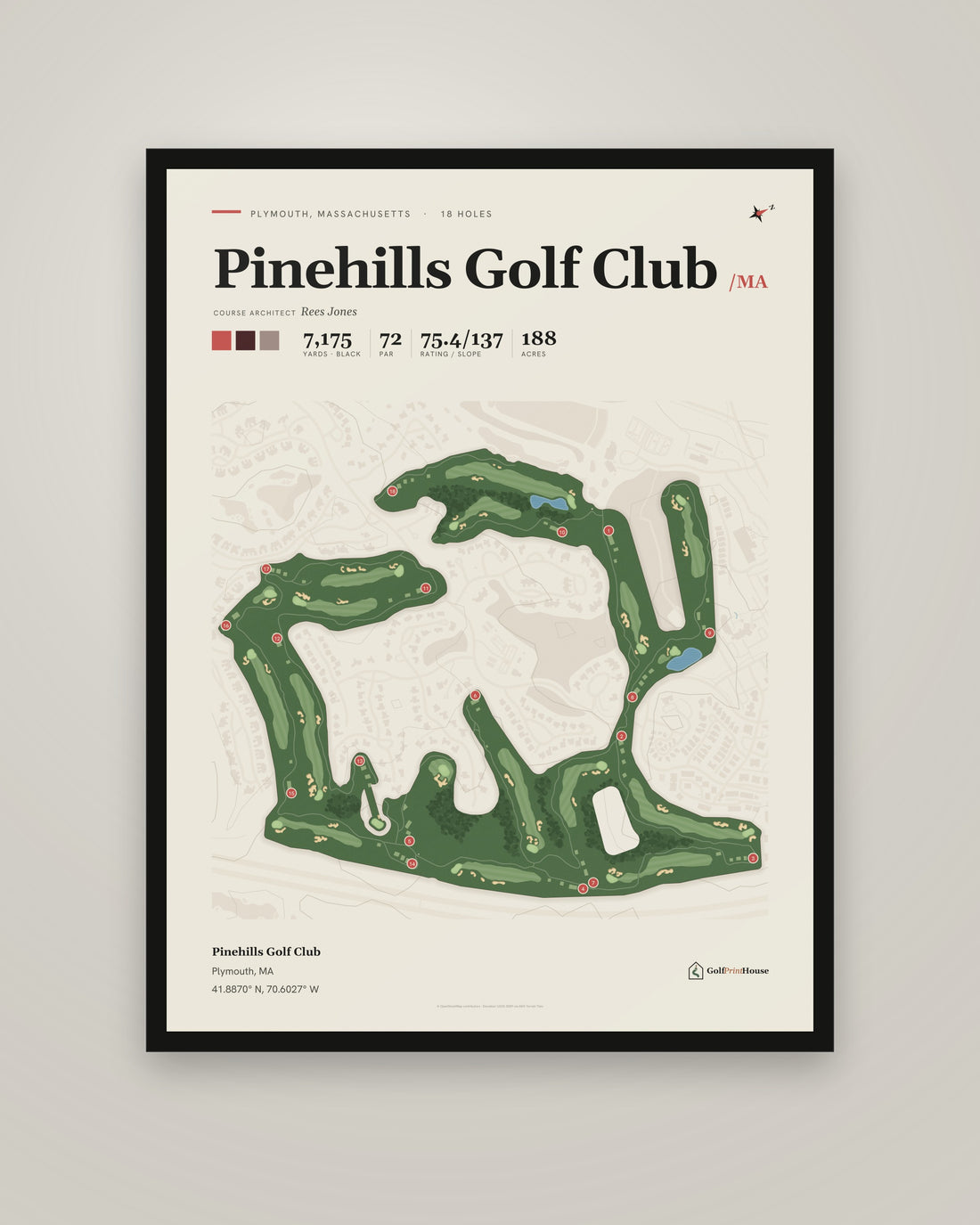 Pinehills Golf Club golf course print, framed, on a plain wall