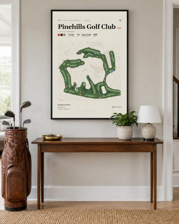 Pinehills Golf Club golf course print, in an entryway