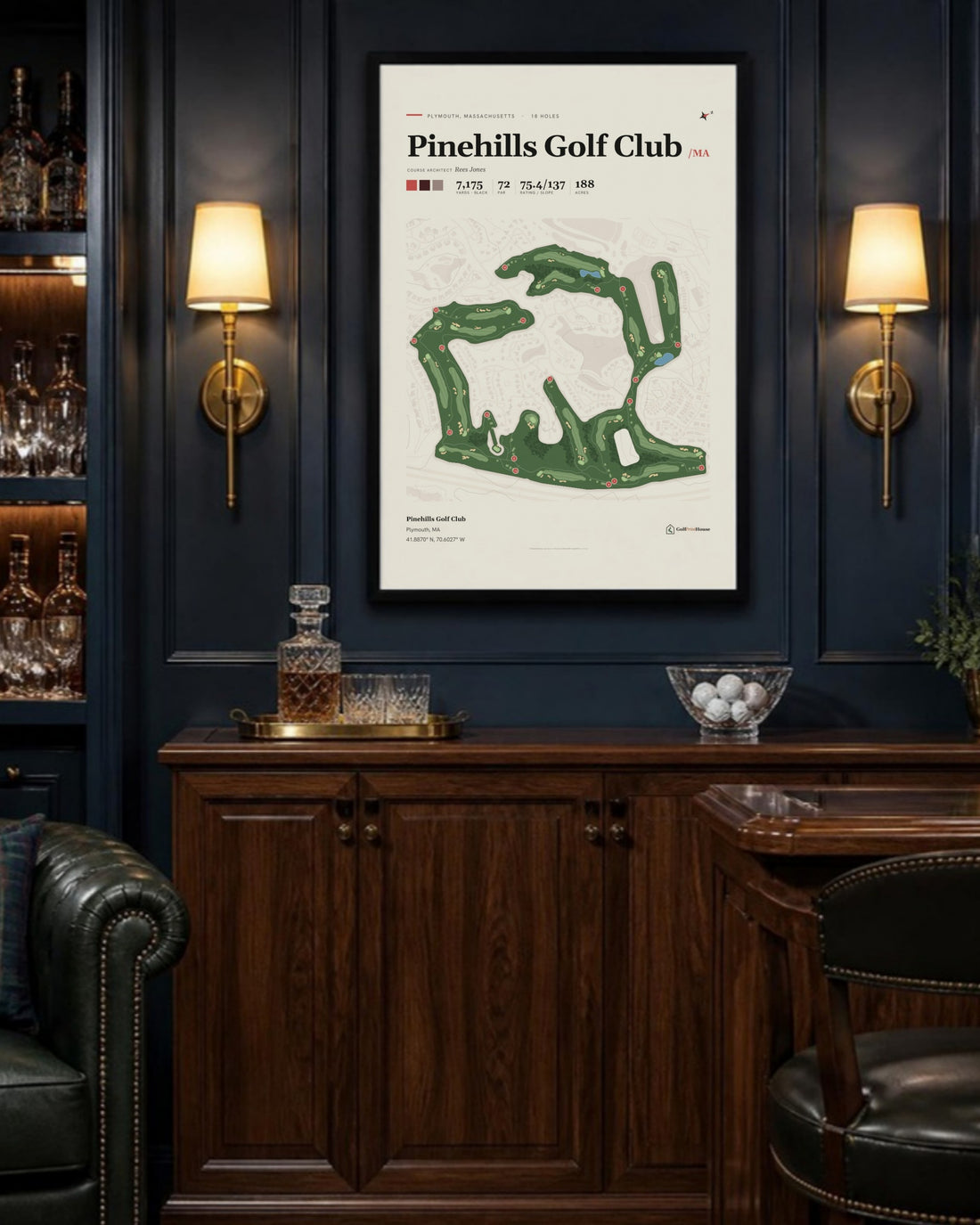 Pinehills Golf Club golf course print, above a home bar