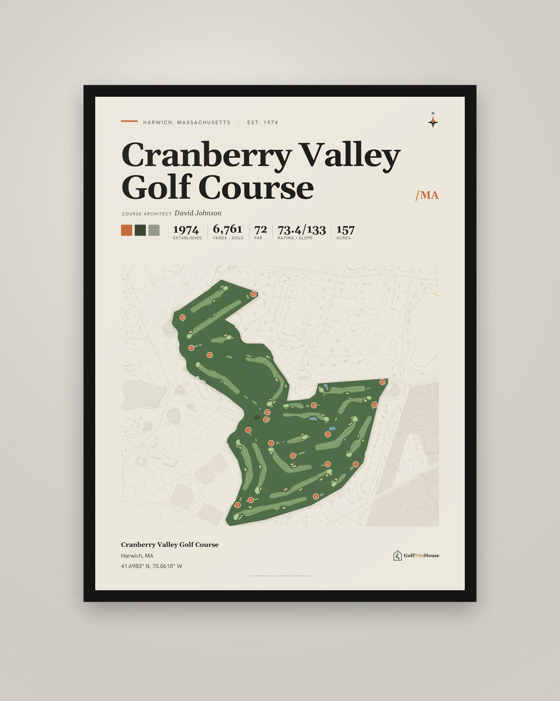 Cranberry Valley Golf Course golf course print, framed, on a plain wall
