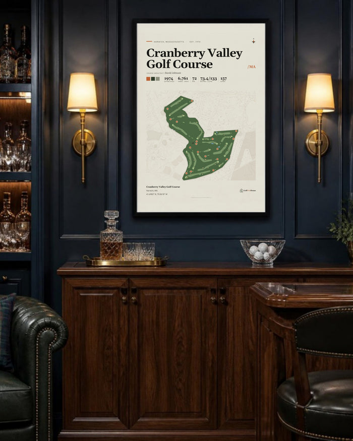 Cranberry Valley Golf Course golf course print, above a home bar