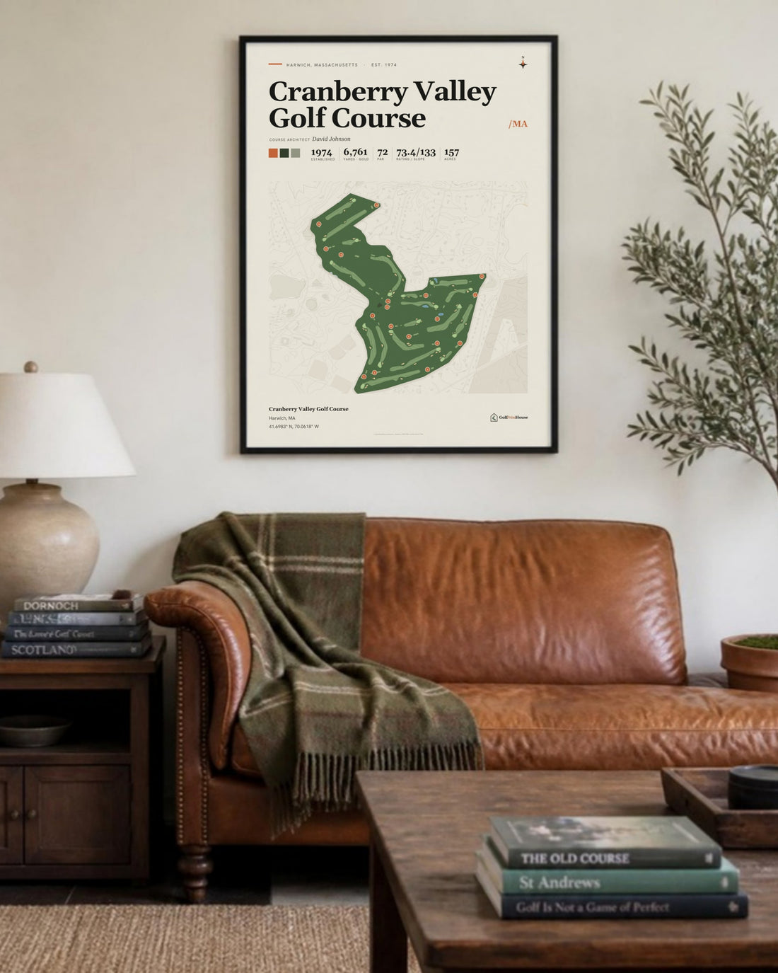 Cranberry Valley Golf Course golf course print, above a living room sofa