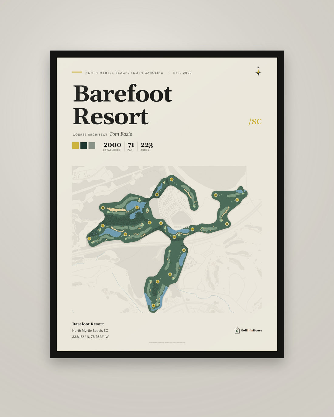 Barefoot Resort golf course print, framed, on a plain wall