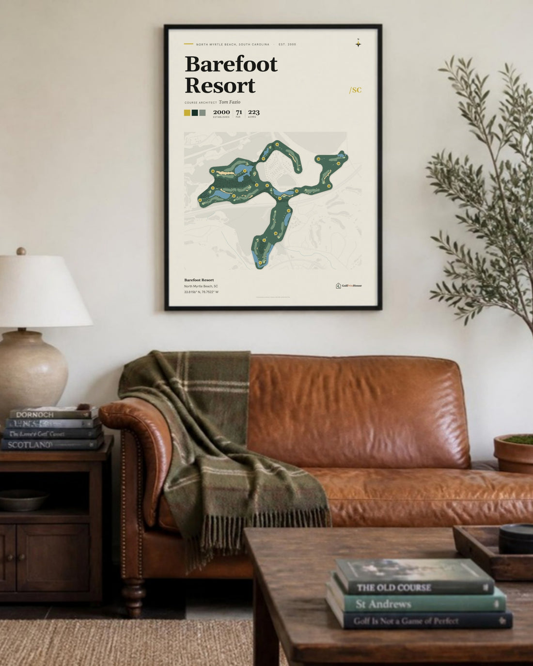Barefoot Resort golf course print, above a living room sofa