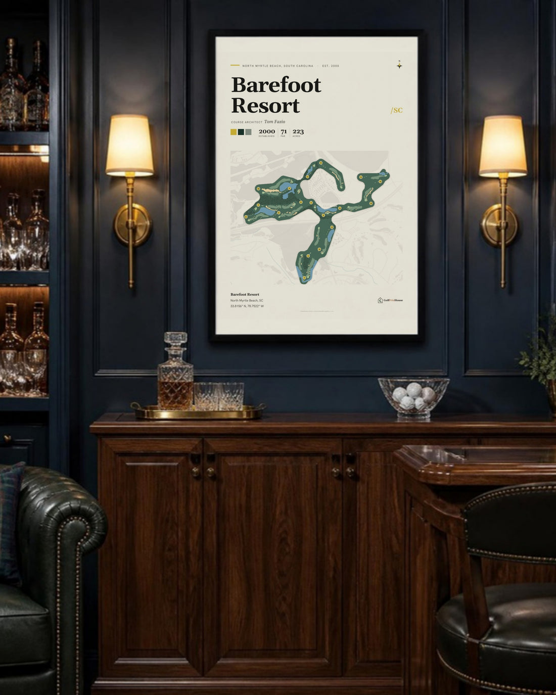 Barefoot Resort golf course print, above a home bar