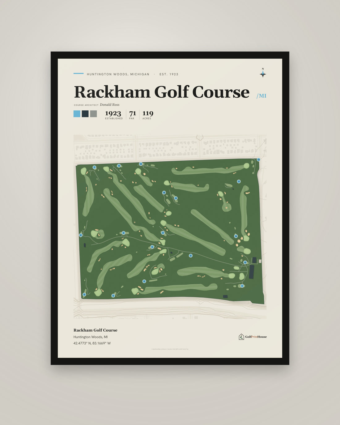 Rackham Golf Course golf course print, framed, on a plain wall