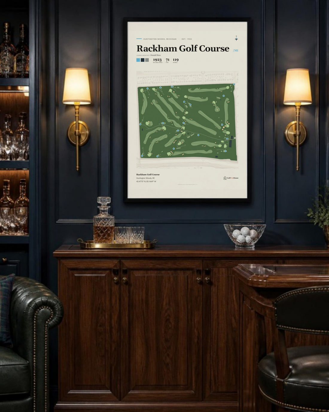 Rackham Golf Course golf course print, above a home bar