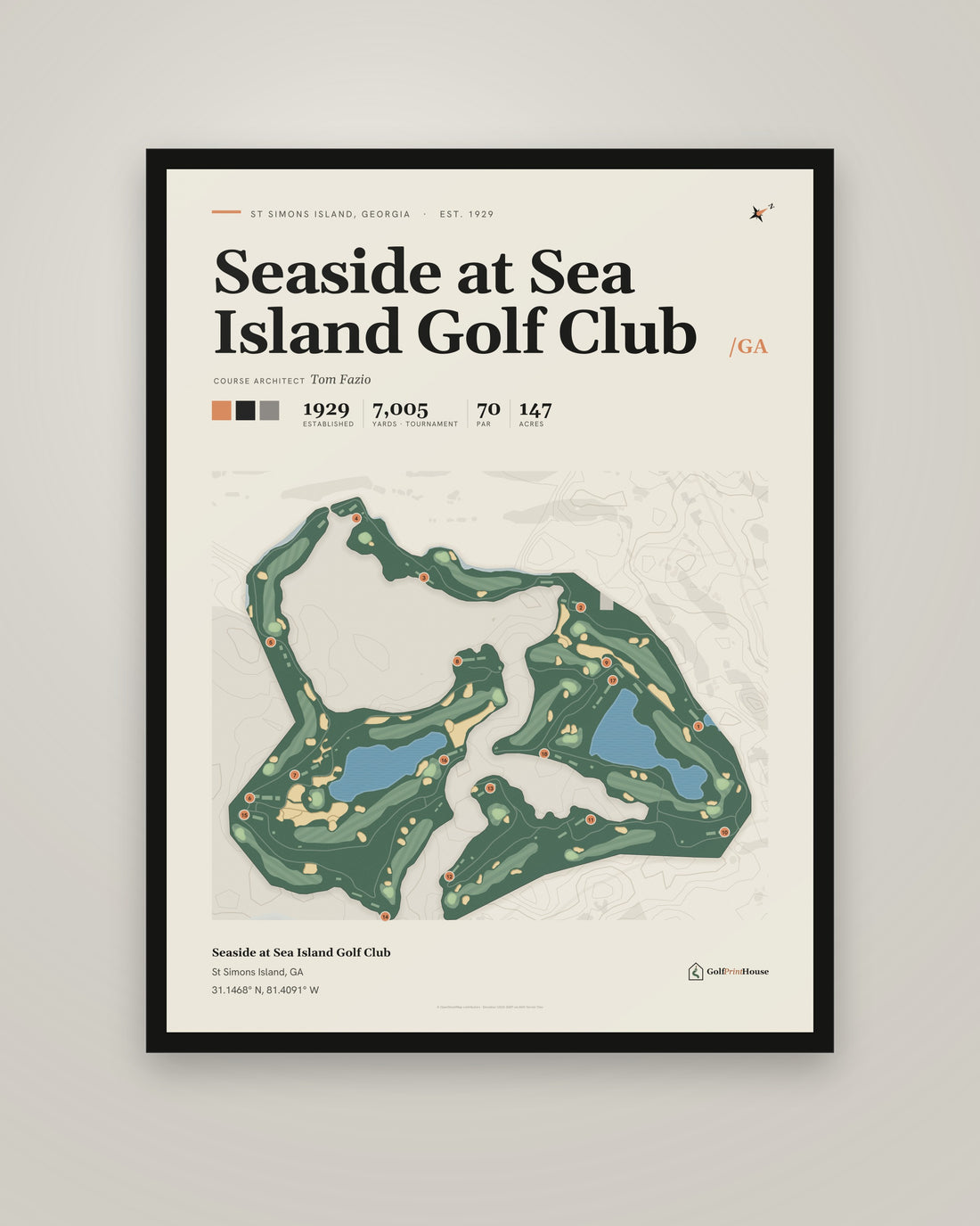 Seaside at Sea Island Golf Club golf course print, framed, on a plain wall