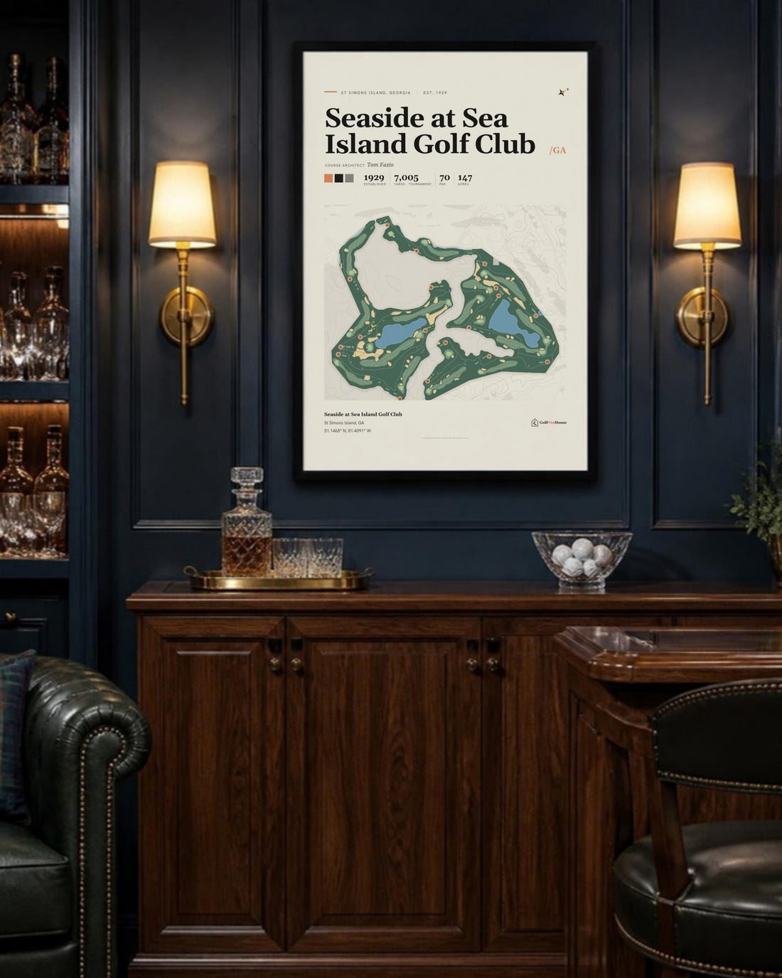 Seaside at Sea Island Golf Club golf course print, above a home bar