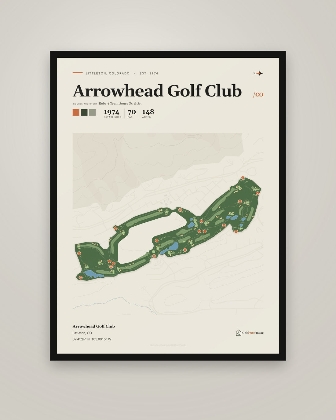 Arrowhead Golf Club golf course print, framed, on a plain wall