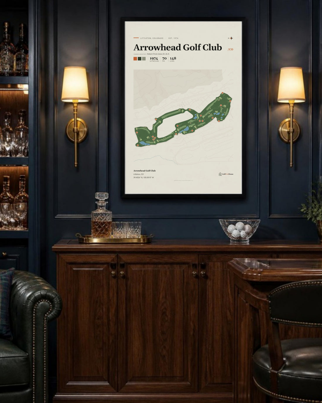 Arrowhead Golf Club golf course print, above a home bar