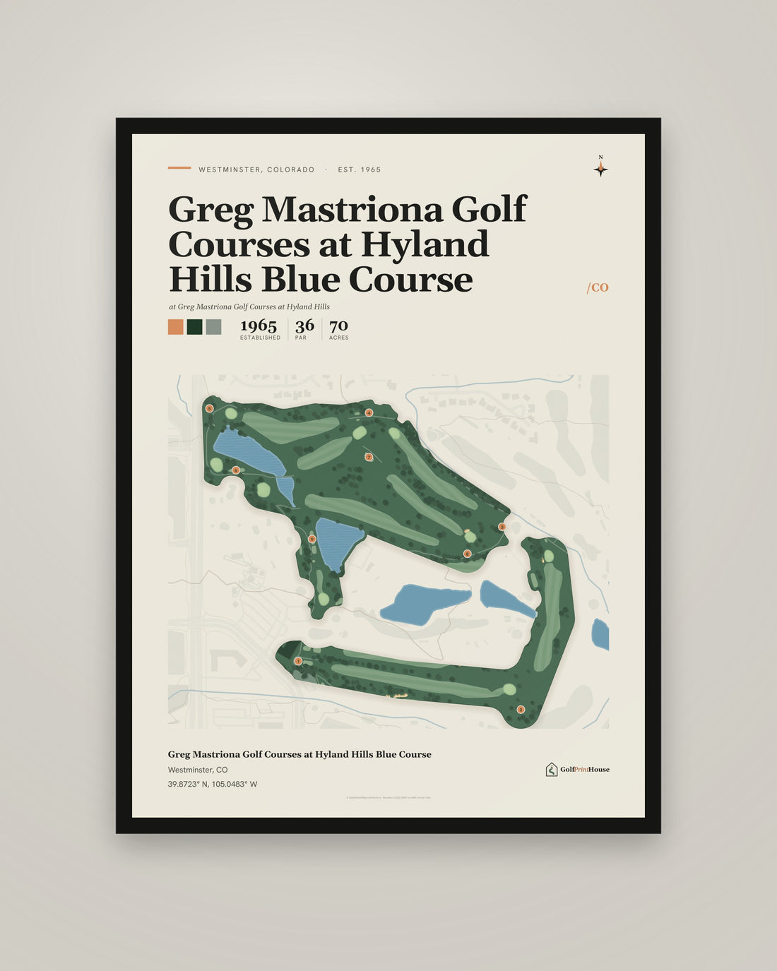 Greg Mastriona Golf Courses at Hyland Hills Blue Course golf course print, framed, on a plain wall