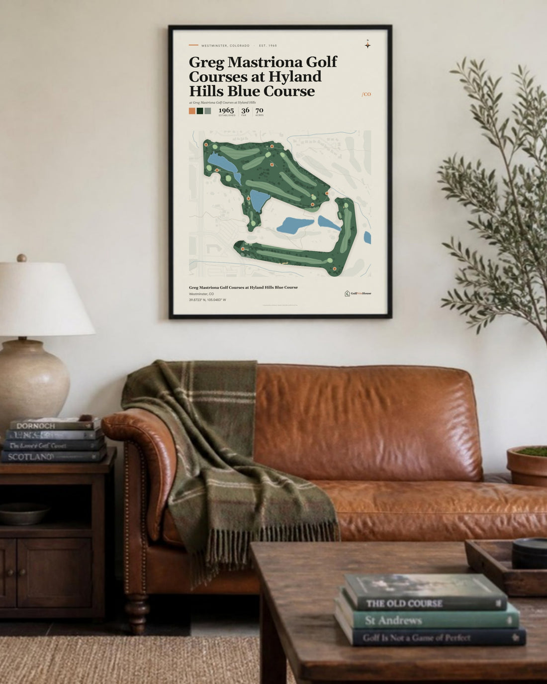 Greg Mastriona Golf Courses at Hyland Hills Blue Course golf course print, above a living room sofa