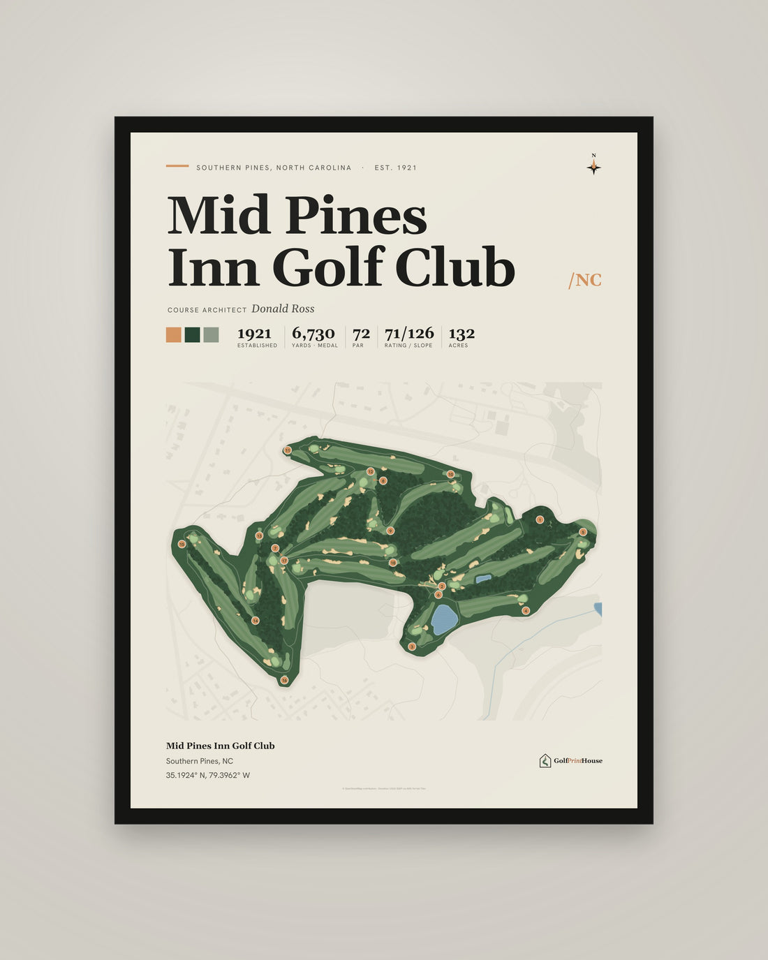 Mid Pines Inn Golf Club golf course print, framed, on a plain wall