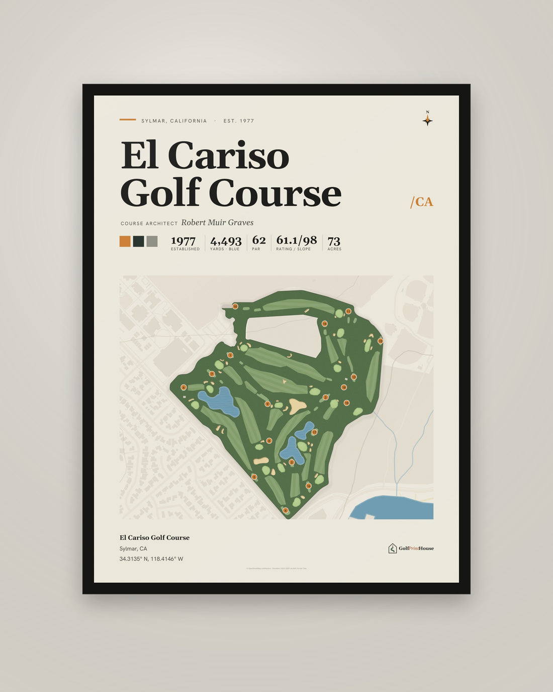 El Cariso Golf Course golf course print, framed, on a plain wall