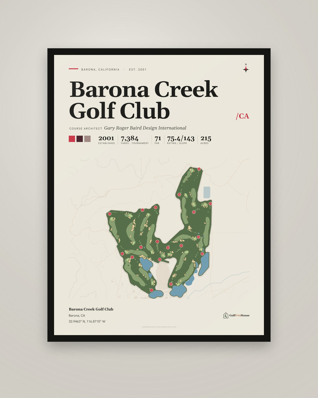 Barona Creek Golf Club golf course print, framed, on a plain wall