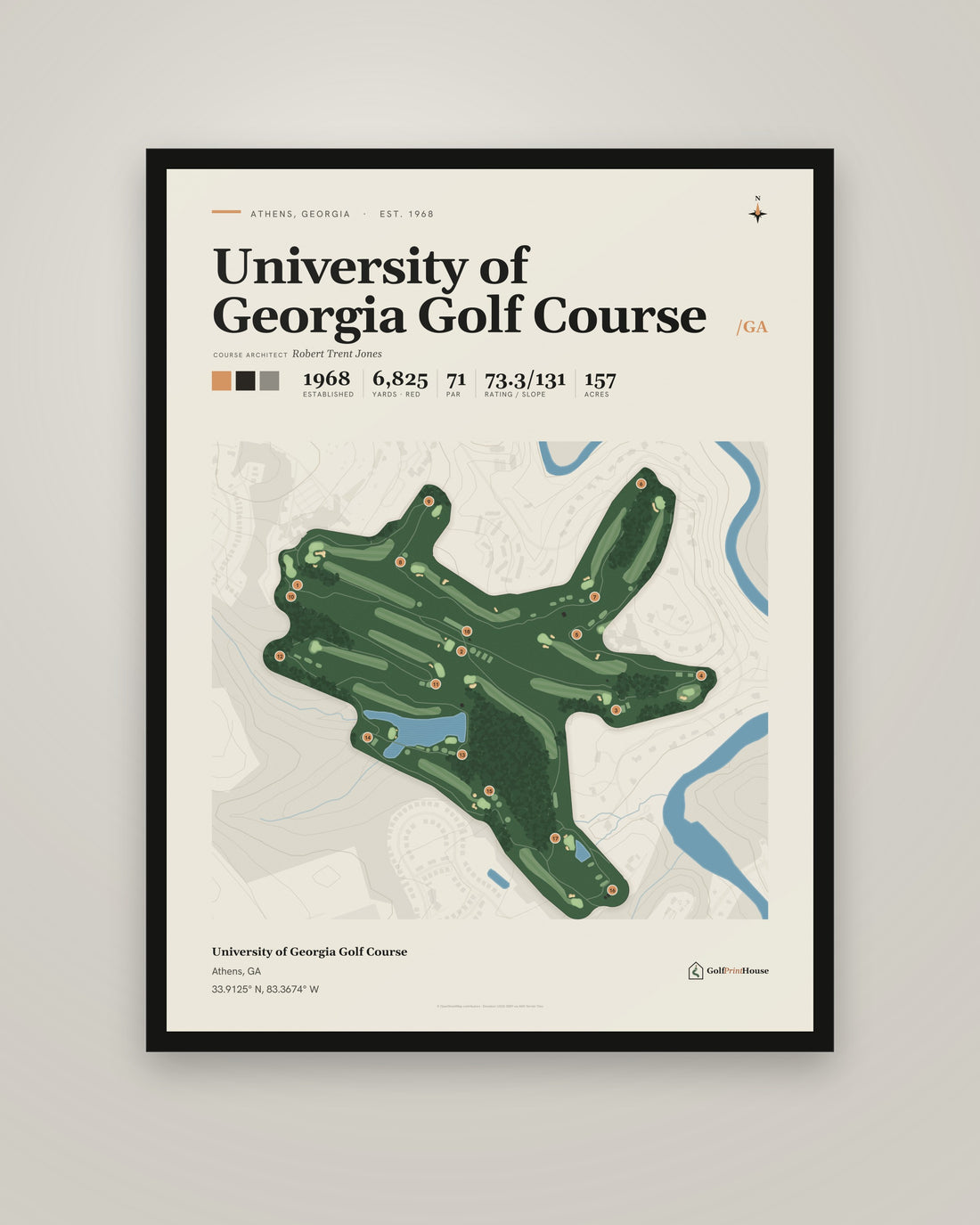 University of Georgia Golf Course golf course print, framed, on a plain wall
