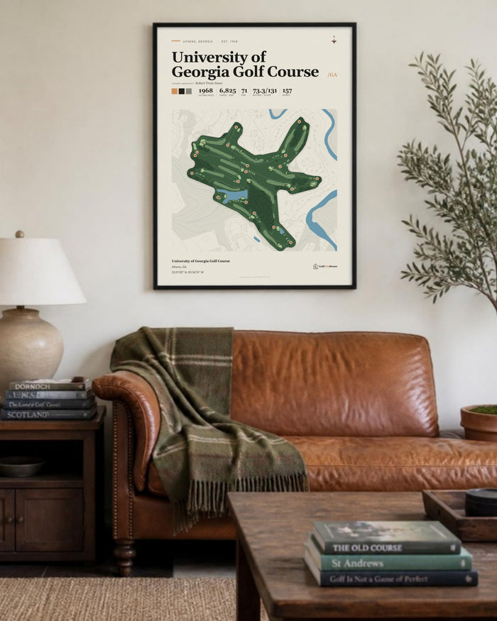 University of Georgia Golf Course golf course print, above a living room sofa