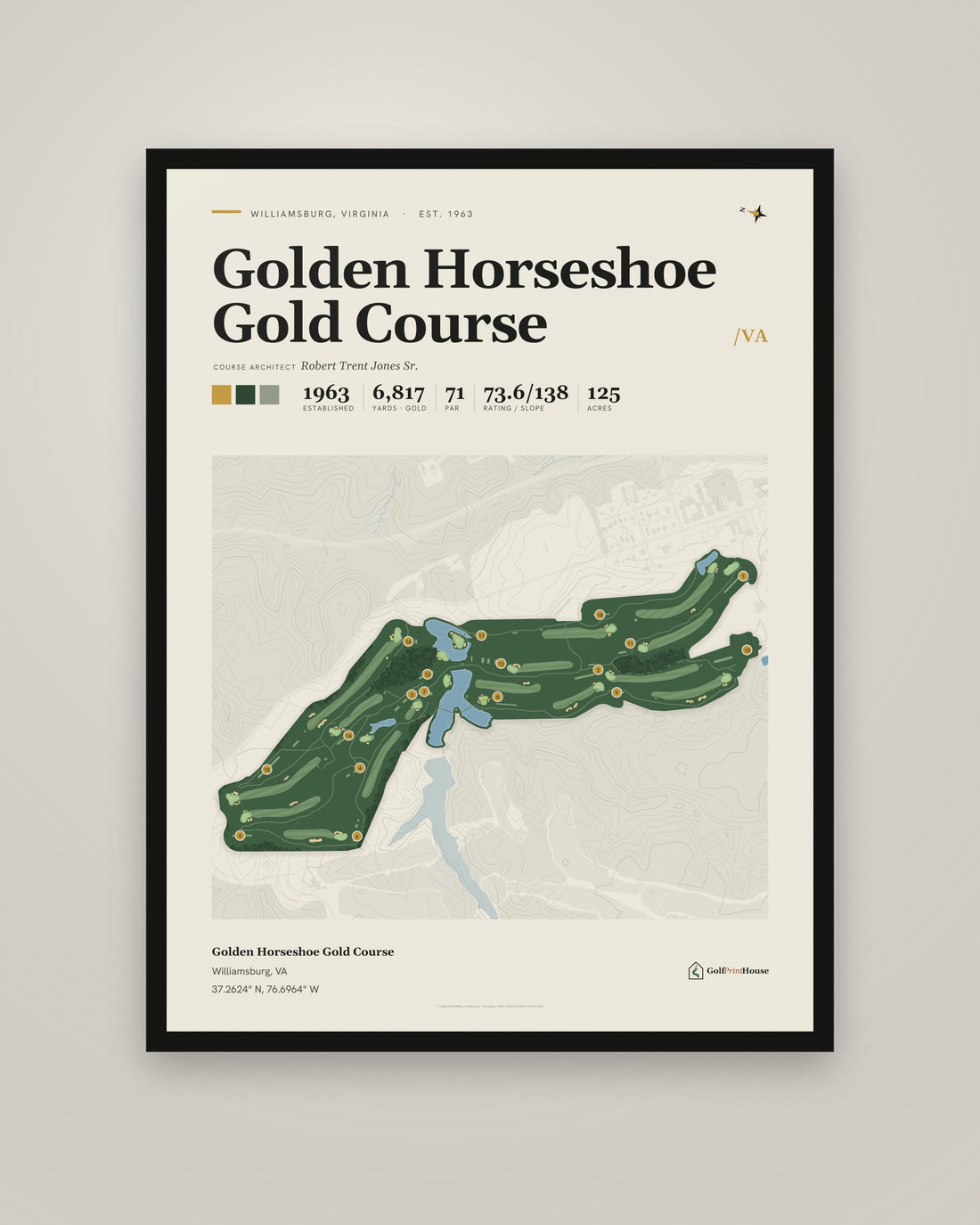 Golden Horseshoe Gold Course golf course print, framed, on a plain wall