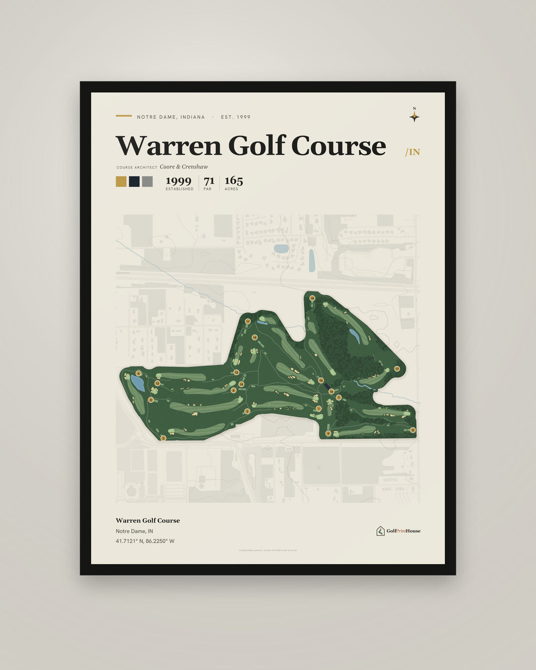 Warren Golf Course golf course print, framed, on a plain wall